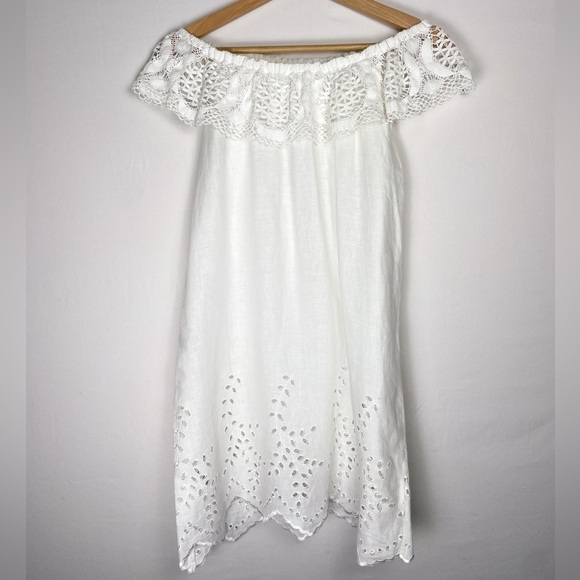 Ersilia Dresses & Skirts - Ersilia Sz. S 100% linen handmade off the shoulder white lace and crochet dress